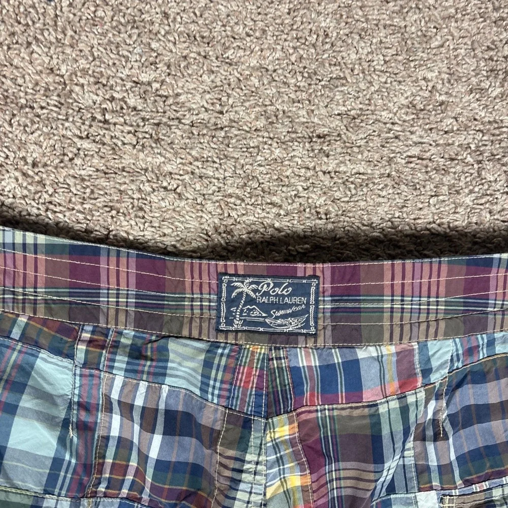 Polo Ralph Lauren Mens Patchwork Madras Plaid Swim Trunks Multicolor Size 36 NEW